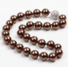 14mm Dark Brown Color Round Sea Shell Beaded Necklace with Magnetic Clasp