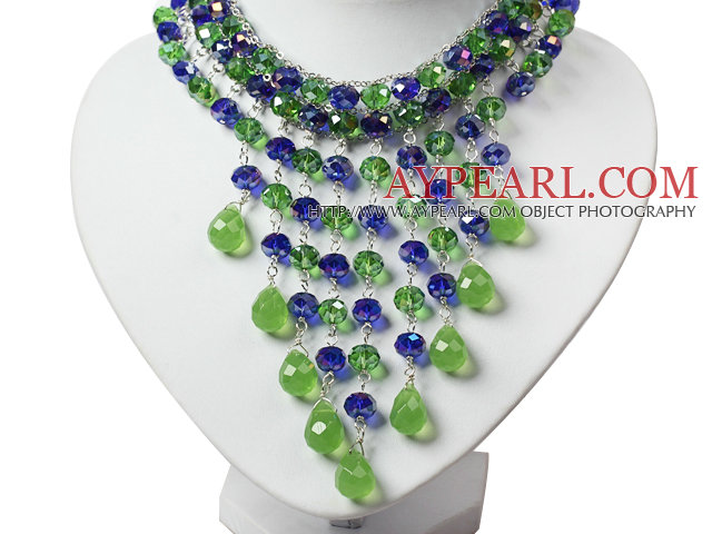 Amazing Blue and Green Teardrop Crystal Tassel Party Necklace