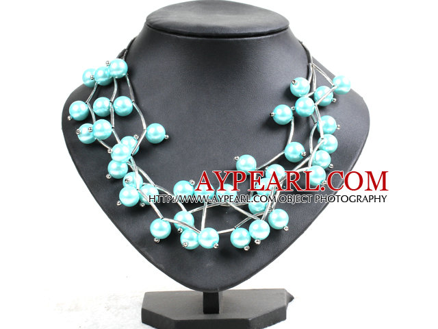 Trendy Style Multi Strand Sky Blue Seashell Beads Twisted Necklace With Bending Alloyed Tube