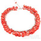 Fashion Long Chain Loop Style Drop Shape Red Coral Necklace With Extendable Chain