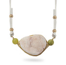 White Series Wire Wrapped White Crystallized Agate Pendant Necklace with White Leather