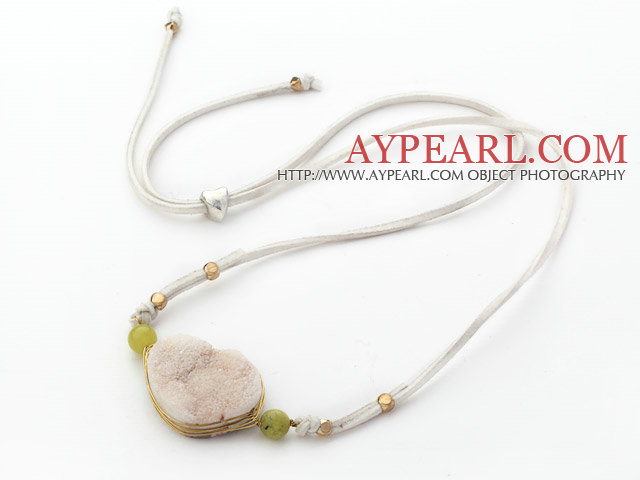 White Series Wire Wrapped White Crystallized Agate Pendant Necklace with White Leather