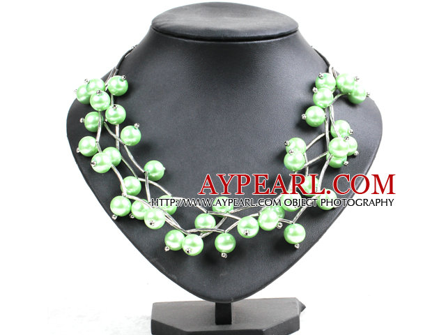 Trendy Style Multi Strand Apple Green Seashell Beads Twisted Necklace With Bending Alloyed Tube