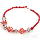 Red bloodstone and colored glaze necklace with lobster clasp