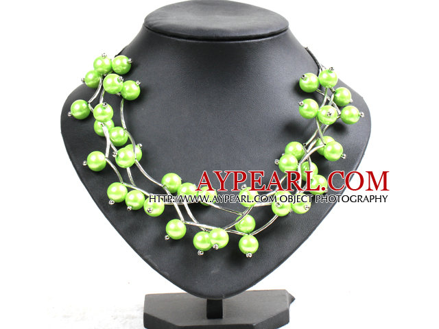 Trendy Style Multi Strand Emerald Green Seashell Beads Twisted Necklace With Bending Alloyed Tube