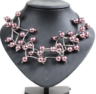 Trendy Style Multi Strand Purplish Gray Seashell Beads Twisted Necklace With Bending Alloyed Tube