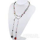 sodalite and red gem and multi colored pearl long style necklace