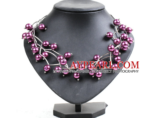 Trendy Style Multi Strand Purple Seashell Beads Twisted Necklace With Bending Alloyed Tube