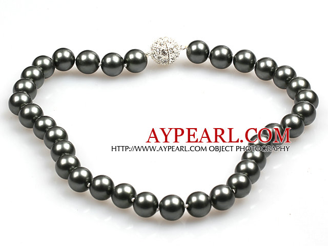 Fashion Single Strand 12Mm Tungsten Steel Color Round Seashell Beads Necklace With Rhinestone Magnetic Clasp