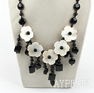 Wholesale Big Style Black Agate and White Shell Flower Necklace