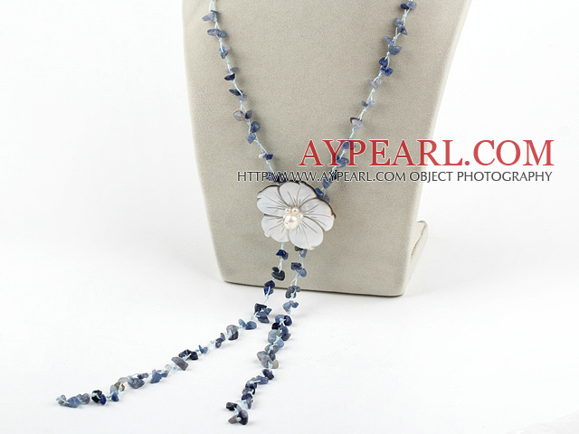 fashion long style  kyanite chips and shell flower necklace