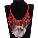 Luxurious Sparkly Red & Green Crystal Father Christmas / Santa Claus Statement Tassel Red Thread Hand-Knitted Necklace