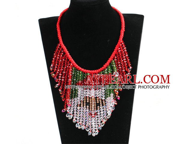 Luxurious Sparkly Red & Green Crystal Father Christmas / Santa Claus Statement Tassel Red Thread Hand-Knitted Necklace