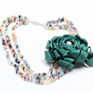 Fashion Style Three Strands Multi-Gemstone Chips Party Necklace with Statement Ribbon Flower Charm