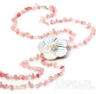 Wholesale fashion long style cherry quartze chips and shell flower necklace with lobster clasp