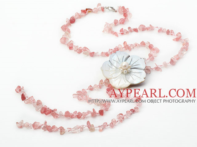 fashion long style cherry quartze chips and shell flower necklace with lobster clasp