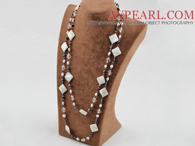 55 inches pearl crystal and white lip shell long style necklace