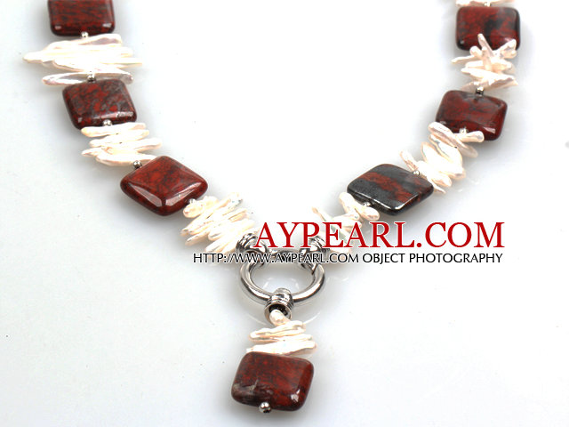 Biwa Pearl and Red Jasper Lariat Necklace