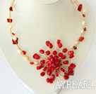 white pearl and red coral flower necklace with moonlight clasp