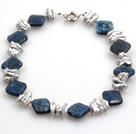 Wholesale Biwa Pearl and Rhombus Shape Lapis Necklace with Lobster Clasp