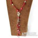 fashion white pearl and red coral Y shaped necklace