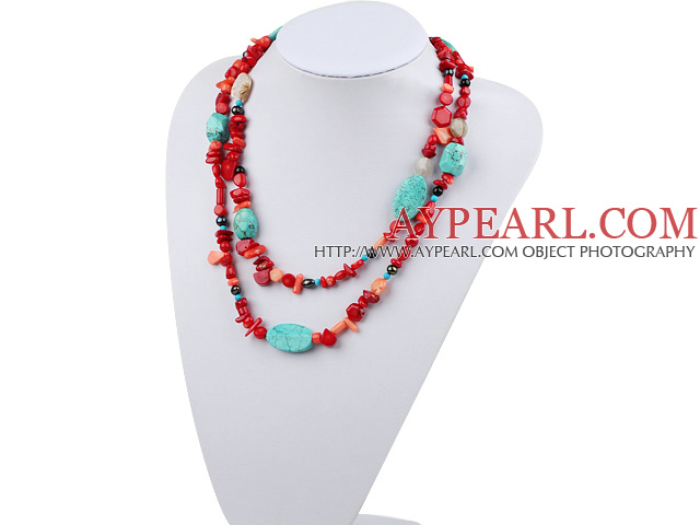 fashion long style turquoise and red coral necklace