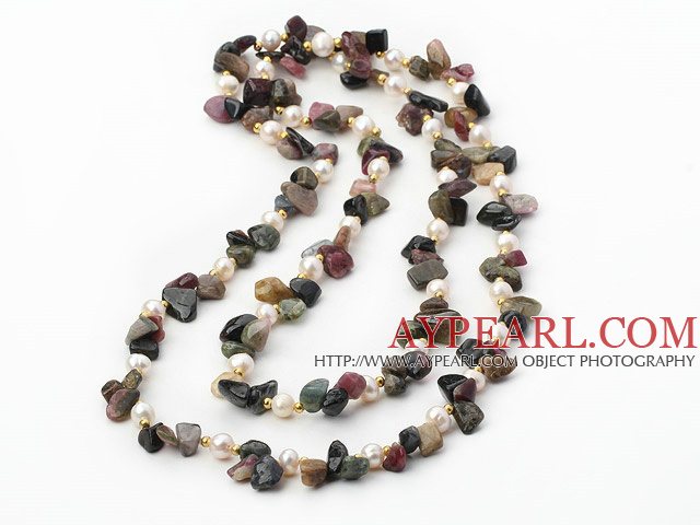 38.5 inches white pearl and tourmaline long style necklace