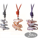 Fashion Simple Design 3 pcs Biwa Pearl Leather Pendant Necklace with Lobster Clasp
