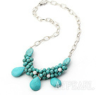 Beautiful Cluster Round And Teardrop Blue Turquoise Loop Chain Necklace With Lobster Clasp
