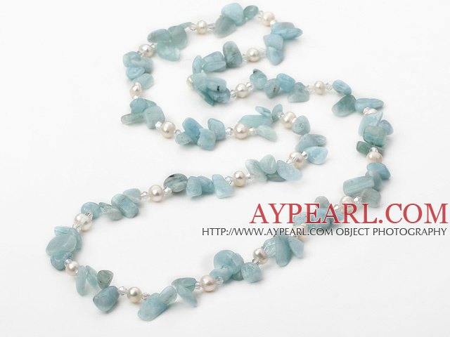 double strand natural pearl crystal and aquamarine necklace