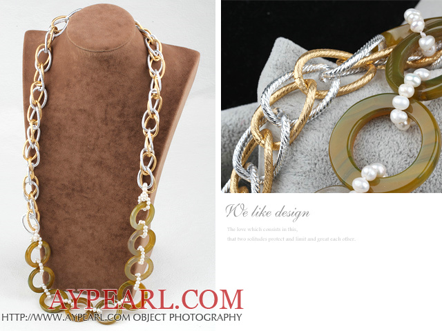 yellow jade and agate necklace with bold metal chain