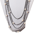 Multi Strands White Pearl and Gray Crystal Necklace