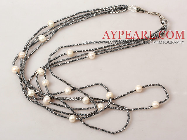 Multi Strands White Pearl and Gray Crystal Necklace