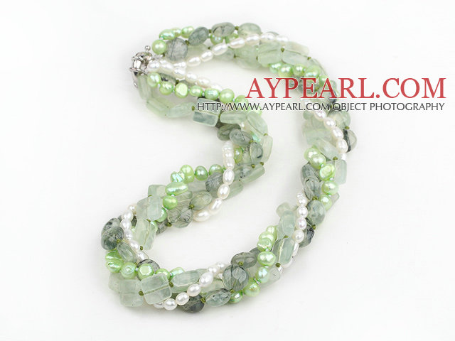 Multi Strands Natural Prehnite and White and Light Green Freshwater Pearl Necklace