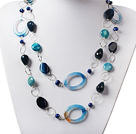 Long Style Pearl and Blue Agate Necklace with Metal Loop Chain