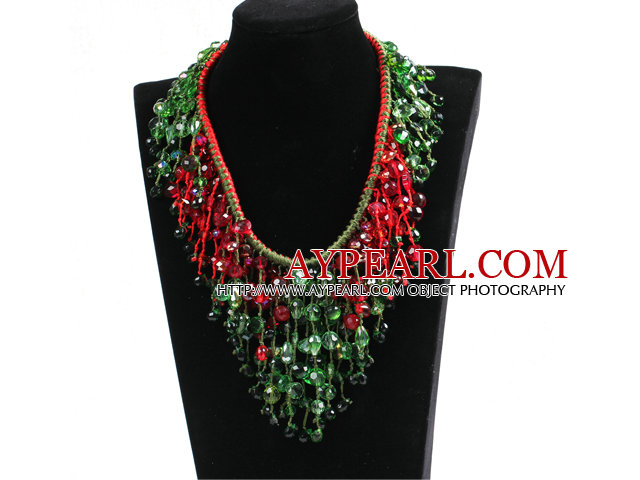 Luxurious Sparkly Red & Green Crystal Christmas Statement Tassel Hand-Knitted Necklace