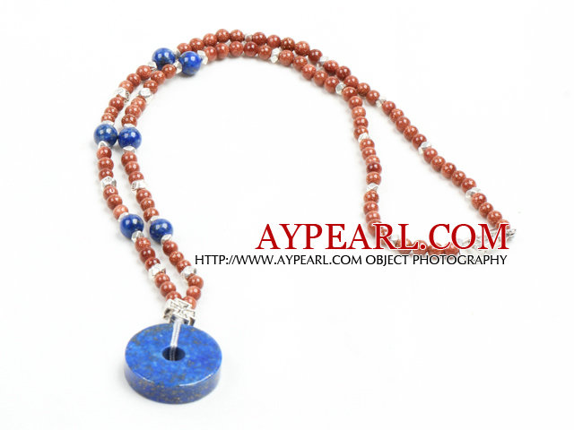 Classic Design Golden Sandstone Beads Lapis Pendant Necklace