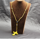 Wholesale Classic Design Fashion Long Y Shape Yellow Frosted Banded Agate Necklace With Cross Shape Turquoise Pendant