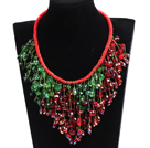 Luxurious Sparkly Red & Green Crystal Christmas Statement Tassel Red Thread Hand-Knitted Necklace