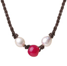 Trendy Design Natural White Freshwater Pearl Hand-knitted Leather Necklace with Agate Bead