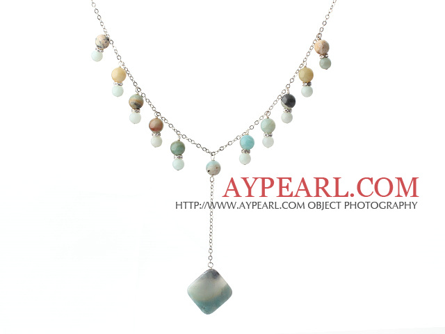 Round amazon stone beaded y shape necklace with metal chain