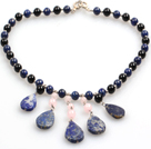 Black Agate and Lapis and Rose Quartz Stone Tassel Statement Necklace