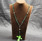 Wholesale Classic Design Fashion Long Y Shape Green Frosted Banded Agate Necklace With Bright Green Cross Shape Turquoise Pendant