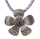 New Arrival Simple Style Tibet Silver Flower Pendant Necklace with Purple Leather and Magetic Clasp