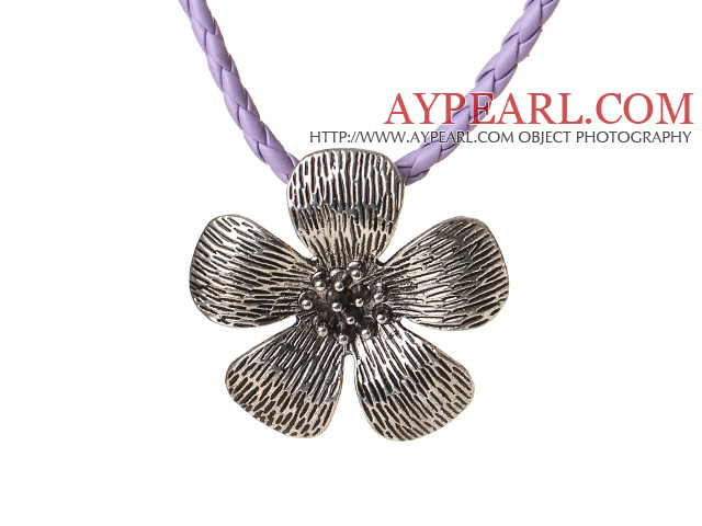 New Arrival Simple Style Tibet Silver Flower Pendant Necklace with Purple Leather and Magetic Clasp