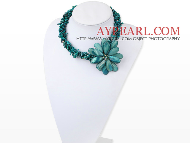 Multi Strand Green Coral and Green Shell Flower Necklace