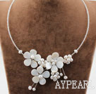 White Freshwater Pearl and Shell Flower Necklace with Glass Beads Chain