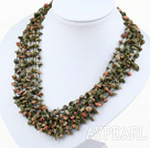 Wholesale multi strand green piebald stone neckalce with shell flower clasp