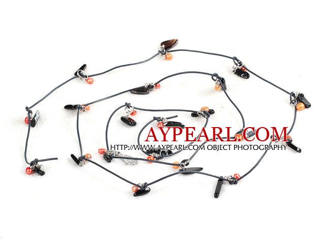 Fashion Long Style Black Series Natural Orange Pearl Stone Chips Necklace (Sweater Chain)
