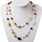 Long Style Pearl and Three Colored Jade Necklace with Metal Chain